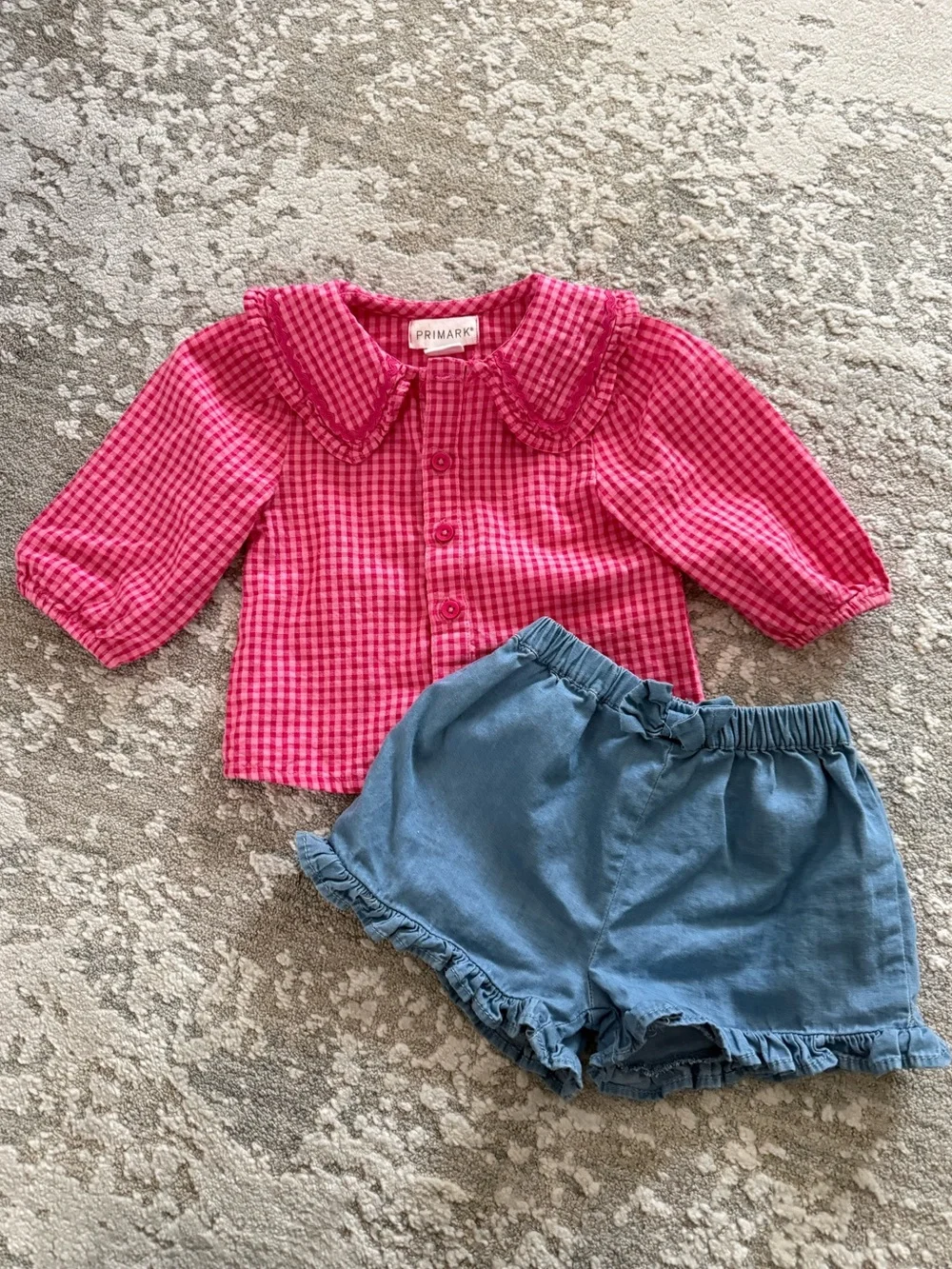 Primark Hot Pink Gingham Top with Blue Ruffle Shorts 0-3 Months